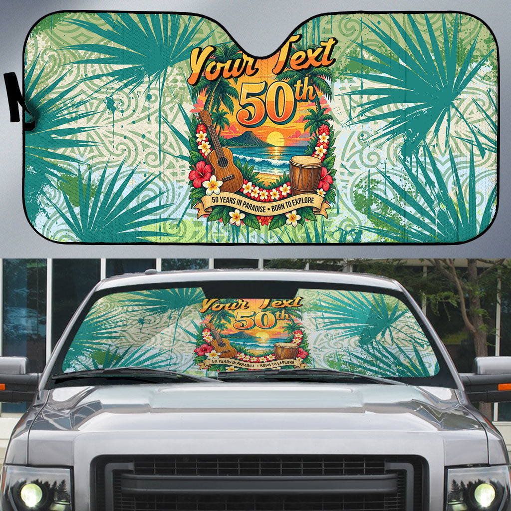 Personalized Polynesia 50th Birthday Auto Sun Shade Vintage Hawaiian Floral Ukulele Tropical Sunset Art TS04 Green - Polynesian Pride