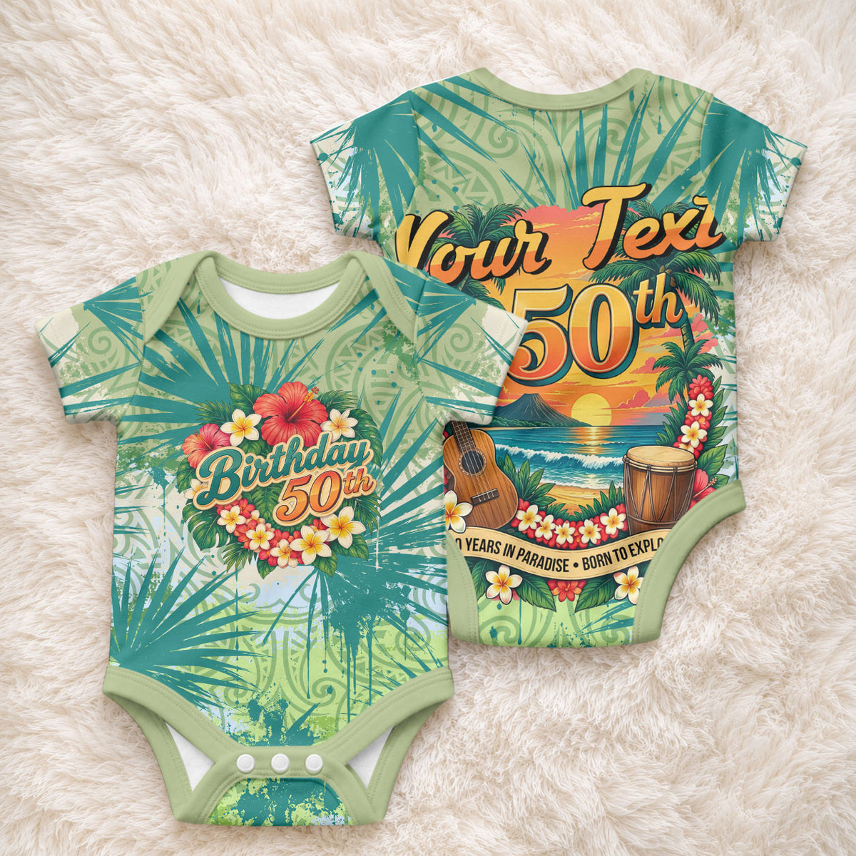 Personalized Polynesia 50th Birthday Baby Onesie Vintage Hawaiian Floral Ukulele Tropical Sunset Art TS04 - Polynesian Pride