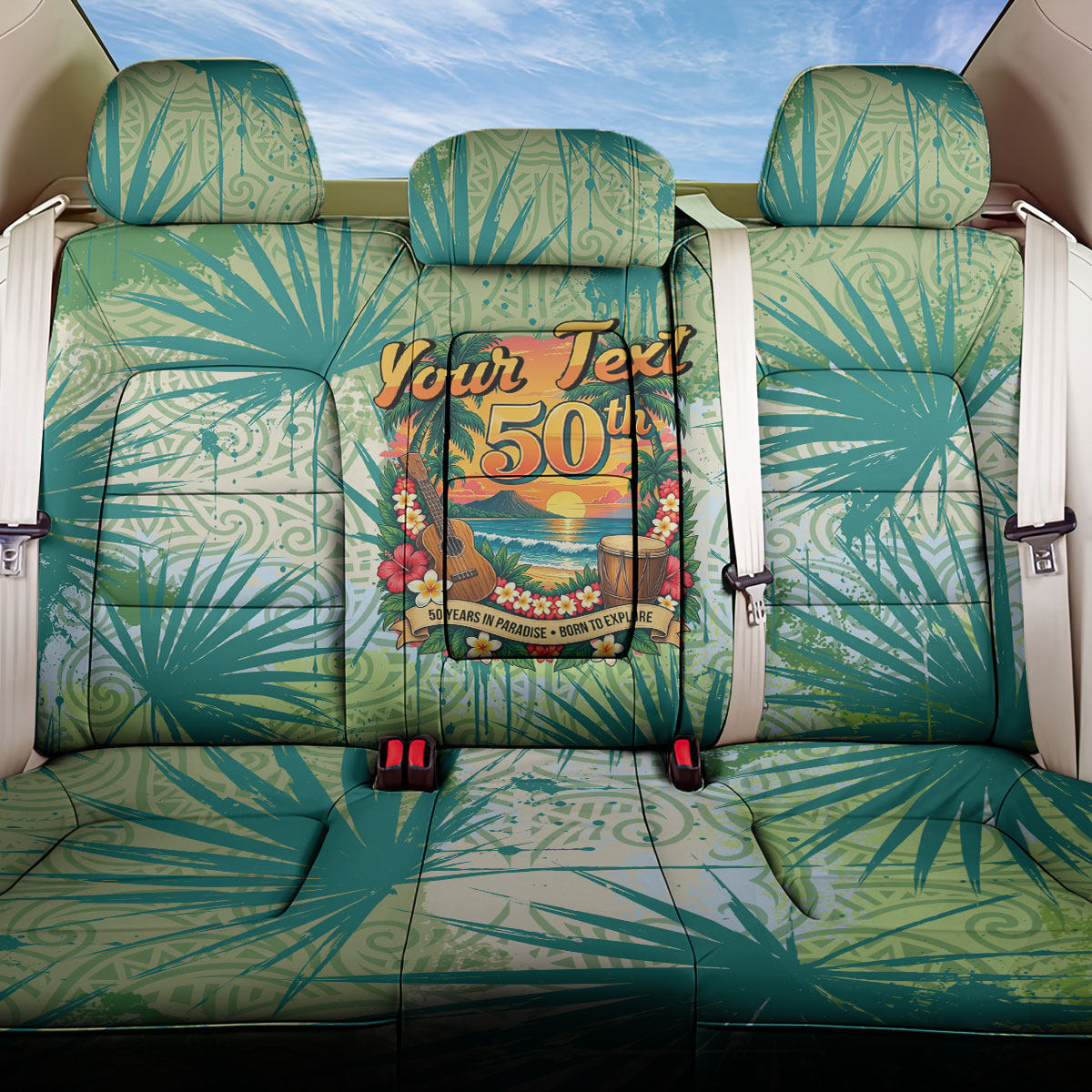 Personalized Polynesia 50th Birthday Back Car Seat Cover Vintage Hawaiian Floral Ukulele Tropical Sunset Art TS04 One Size Green - Polynesian Pride