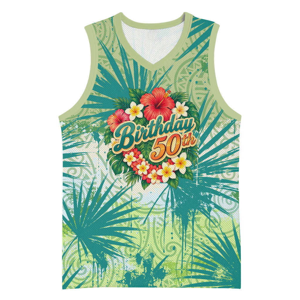 Personalized Polynesia 50th Birthday Basketball Jersey Vintage Hawaiian Floral Ukulele Tropical Sunset Art TS04 Unisex Green - Polynesian Pride
