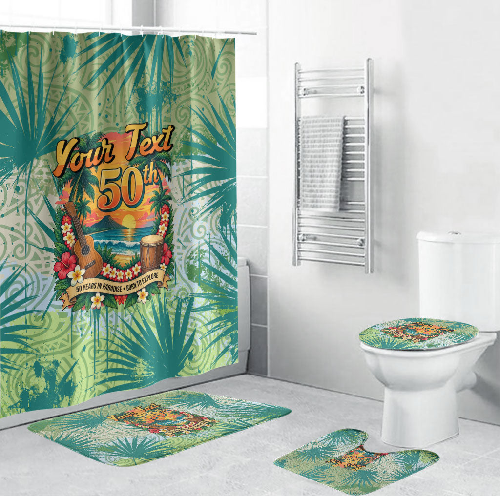 Personalized Polynesia 50th Birthday Bathroom Set Vintage Hawaiian Floral Ukulele Tropical Sunset Art TS04 Bathroom Set (4 pcs) Green - Polynesian Pride
