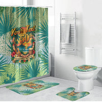 Personalized Polynesia 50th Birthday Bathroom Set Vintage Hawaiian Floral Ukulele Tropical Sunset Art TS04 Bathroom Set (4 pcs) Green - Polynesian Pride
