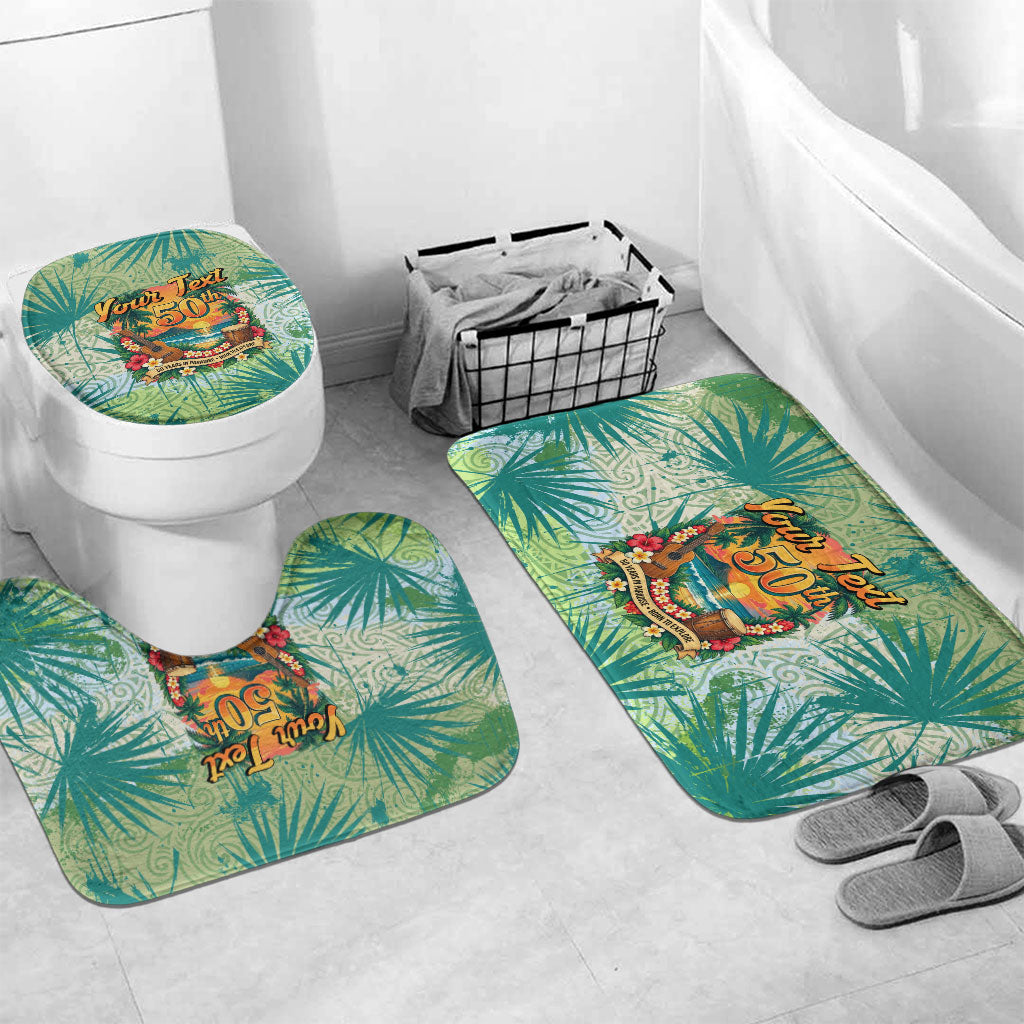 Personalized Polynesia 50th Birthday Bathroom Set Vintage Hawaiian Floral Ukulele Tropical Sunset Art TS04 Mat Set Only (3 pcs) One Size Green - Polynesian Pride