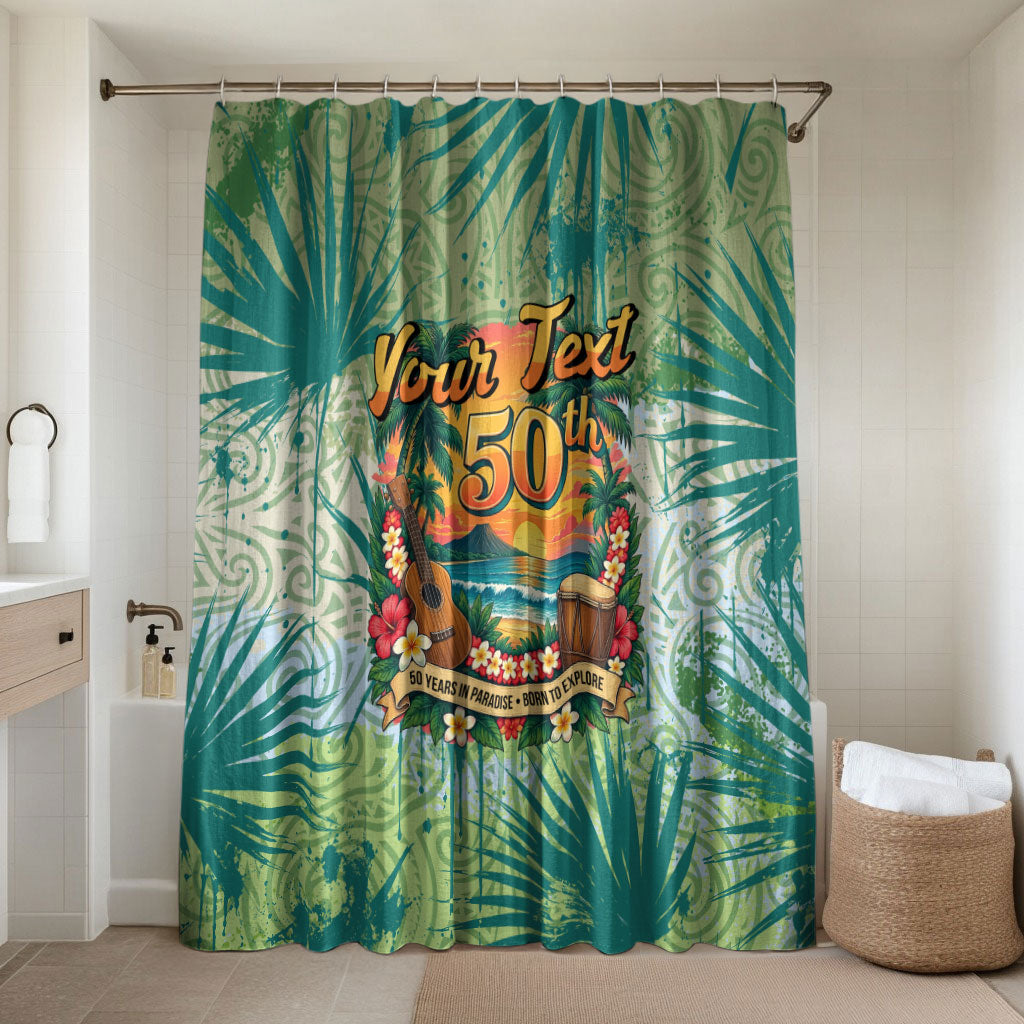 Personalized Polynesia 50th Birthday Bathroom Set Vintage Hawaiian Floral Ukulele Tropical Sunset Art TS04 Shower Curtain Only Green - Polynesian Pride