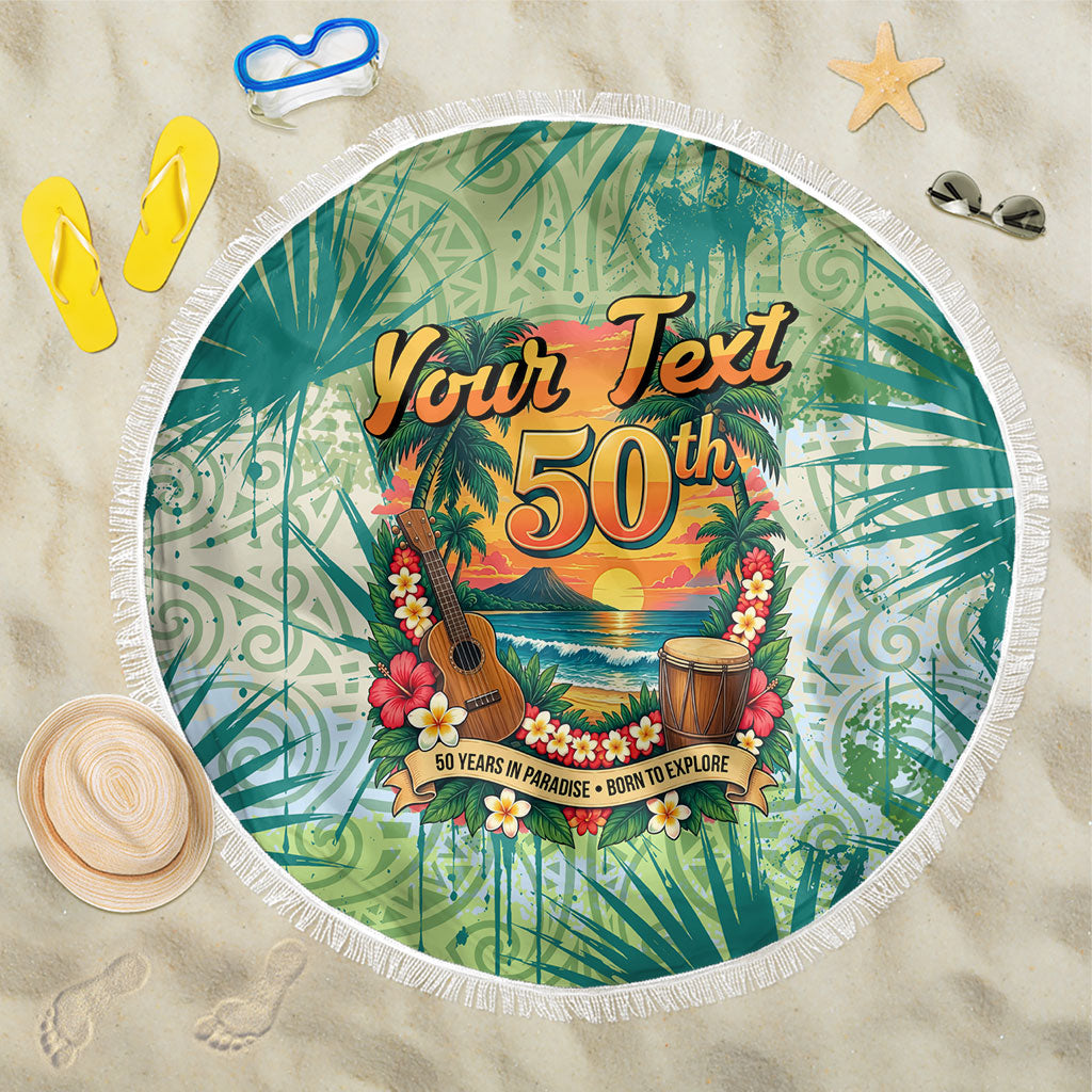 Personalized Polynesia 50th Birthday Beach Blanket Vintage Hawaiian Floral Ukulele Tropical Sunset Art TS04 One Size 150cm Green - Polynesian Pride