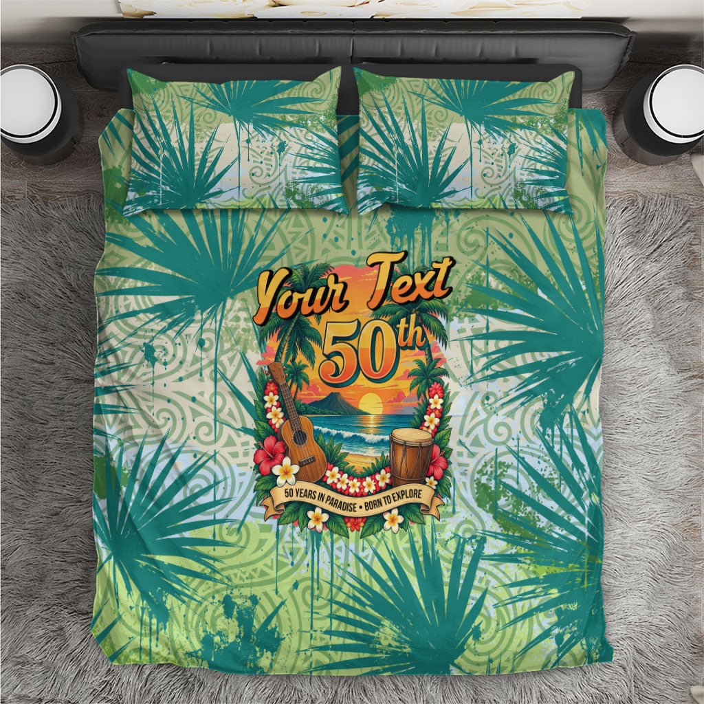 Personalized Polynesia 50th Birthday Bedding Set Vintage Hawaiian Floral Ukulele Tropical Sunset Art TS04 Green - Polynesian Pride