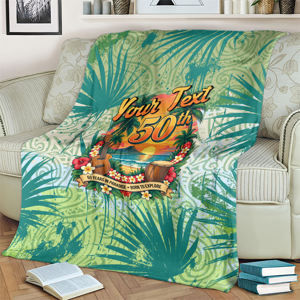 Personalized Polynesia 50th Birthday Blanket Vintage Hawaiian Floral Ukulele Tropical Sunset Art TS04 - Polynesian Pride