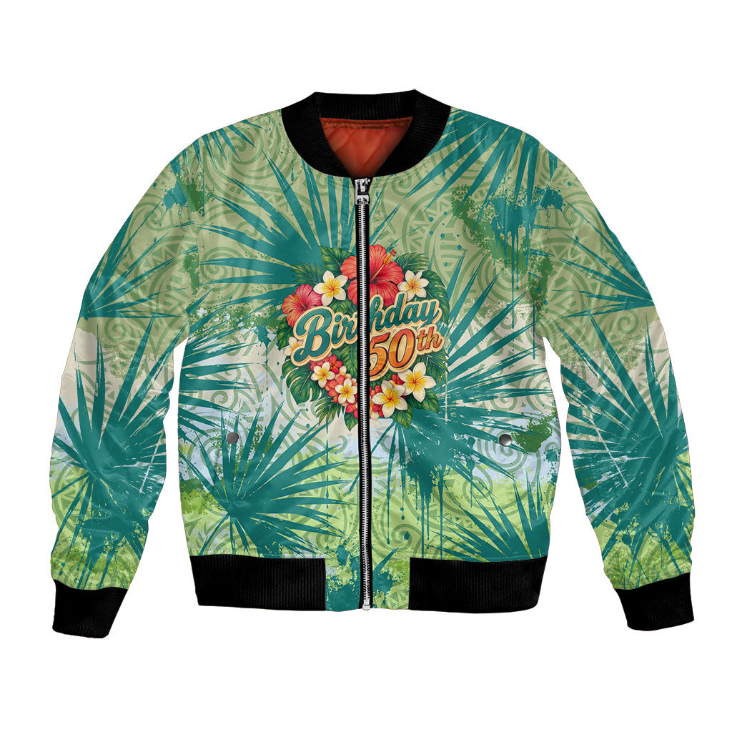 Personalized Polynesia 50th Birthday Bomber Jacket Vintage Hawaiian Floral Ukulele Tropical Sunset Art TS04 Unisex Green - Polynesian Pride