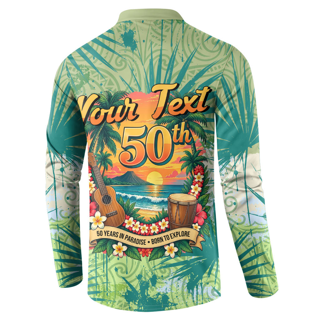 Personalized Polynesia 50th Birthday Button Sweatshirt Vintage Hawaiian Floral Ukulele Tropical Sunset Art TS04 - Polynesian Pride
