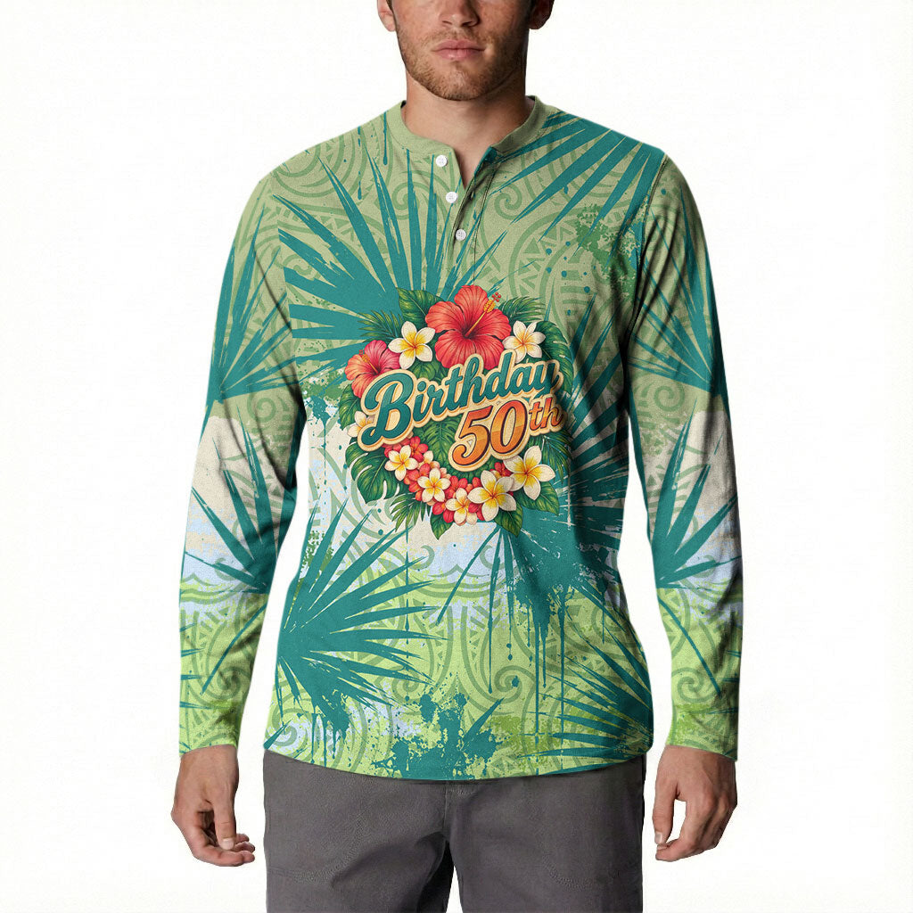 Personalized Polynesia 50th Birthday Button Sweatshirt Vintage Hawaiian Floral Ukulele Tropical Sunset Art TS04 - Polynesian Pride