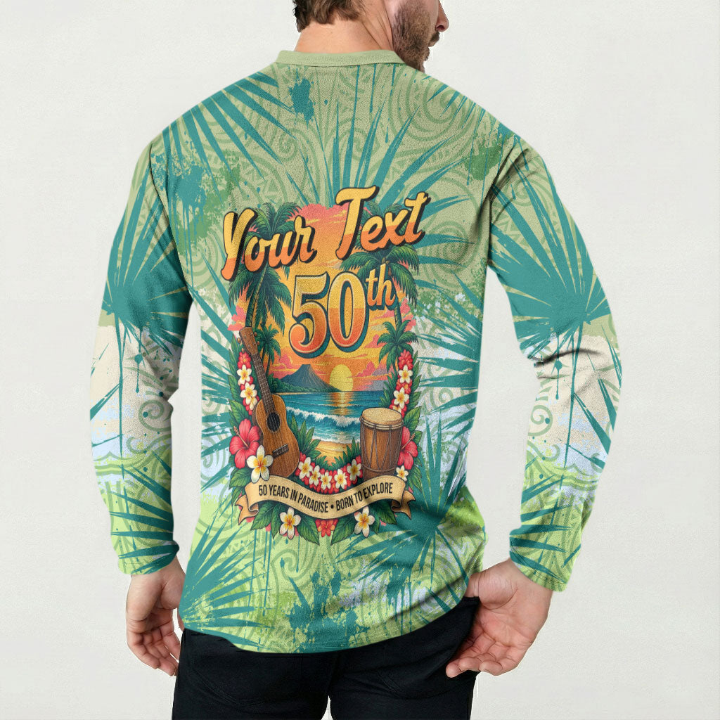 Personalized Polynesia 50th Birthday Button Sweatshirt Vintage Hawaiian Floral Ukulele Tropical Sunset Art TS04 - Polynesian Pride