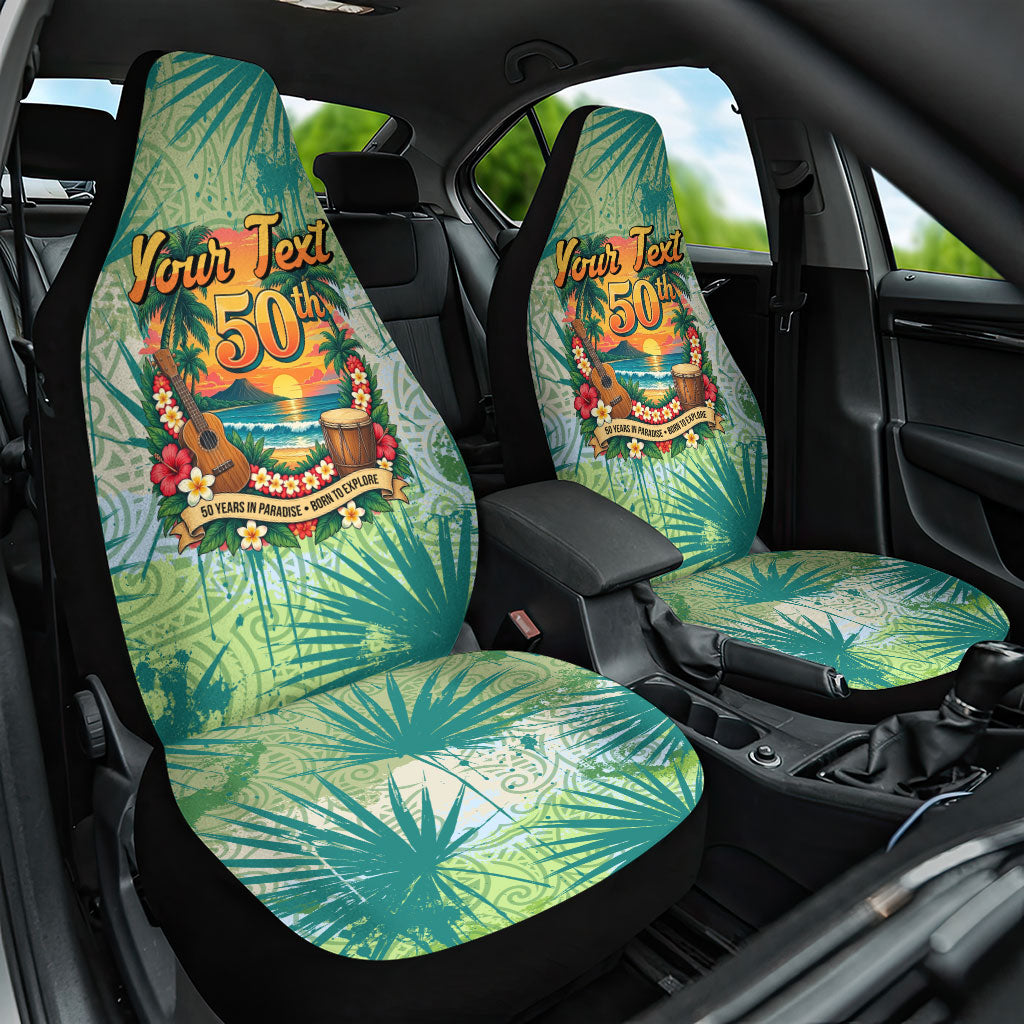 Personalized Polynesia 50th Birthday Car Seat Cover Vintage Hawaiian Floral Ukulele Tropical Sunset Art TS04 One Size Green - Polynesian Pride
