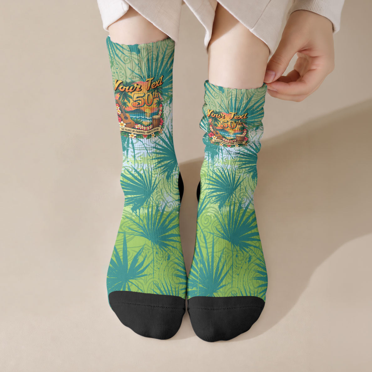 Personalized Polynesia 50th Birthday Crew Socks Vintage Hawaiian Floral Ukulele Tropical Sunset Art TS04 Crew Socks Green - Polynesian Pride