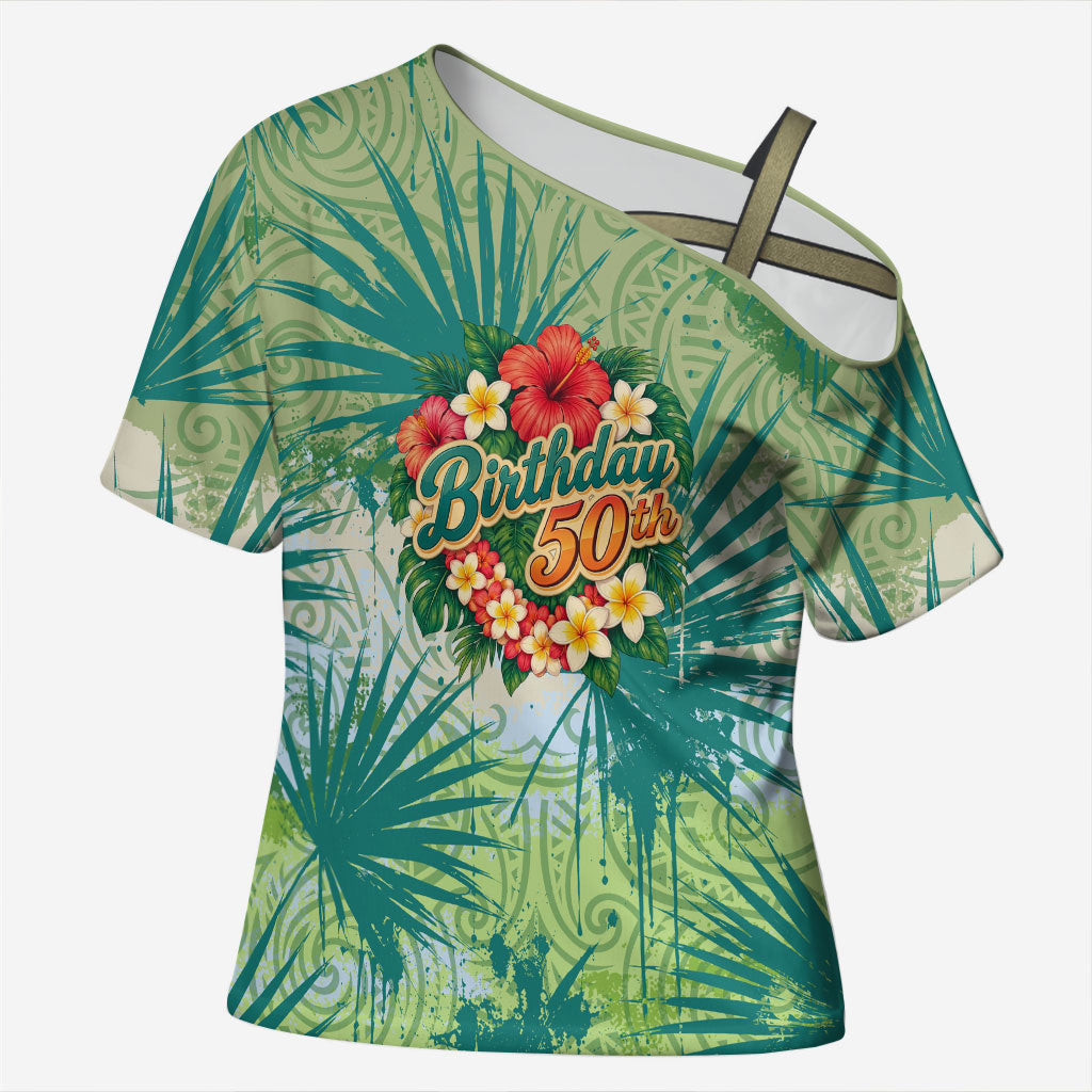 Personalized Polynesia 50th Birthday Cross Shoulder Shirt Vintage Hawaiian Floral Ukulele Tropical Sunset Art TS04 Female Green - Polynesian Pride