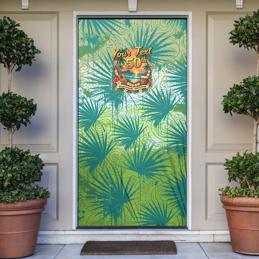 Personalized Polynesia 50th Birthday Door Cover Vintage Hawaiian Floral Ukulele Tropical Sunset Art TS04 Green - Polynesian Pride