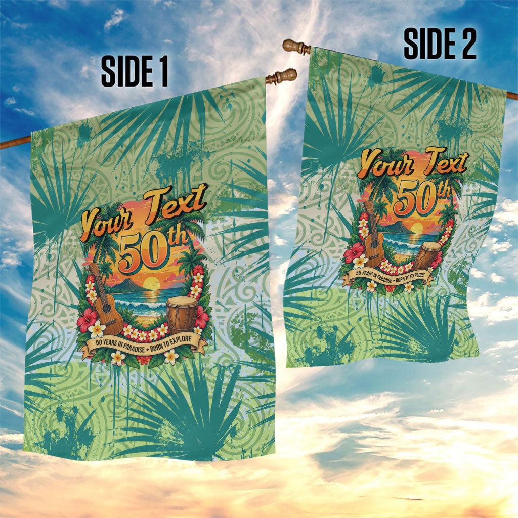 Personalized Polynesia 50th Birthday Garden Flag Vintage Hawaiian Floral Ukulele Tropical Sunset Art TS04 - Polynesian Pride