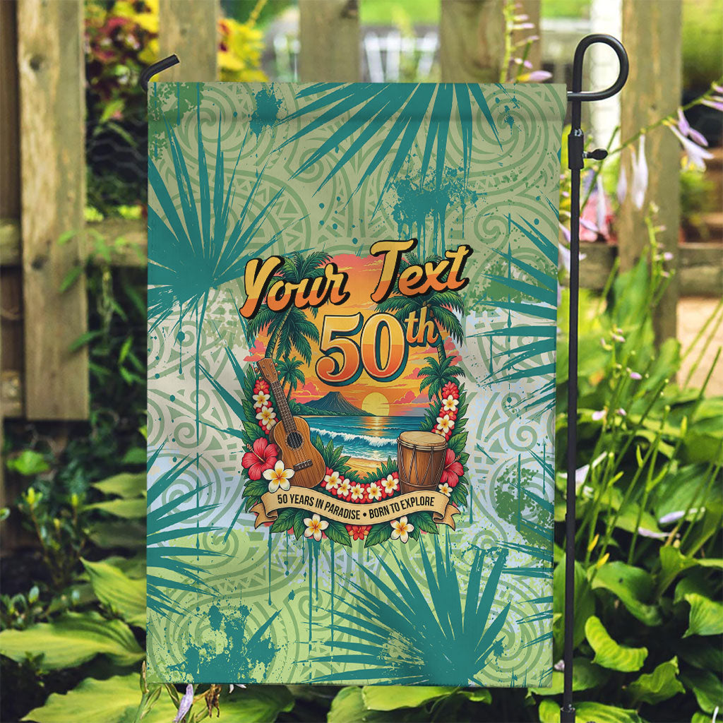 Personalized Polynesia 50th Birthday Garden Flag Vintage Hawaiian Floral Ukulele Tropical Sunset Art TS04 Garden Flag Green - Polynesian Pride