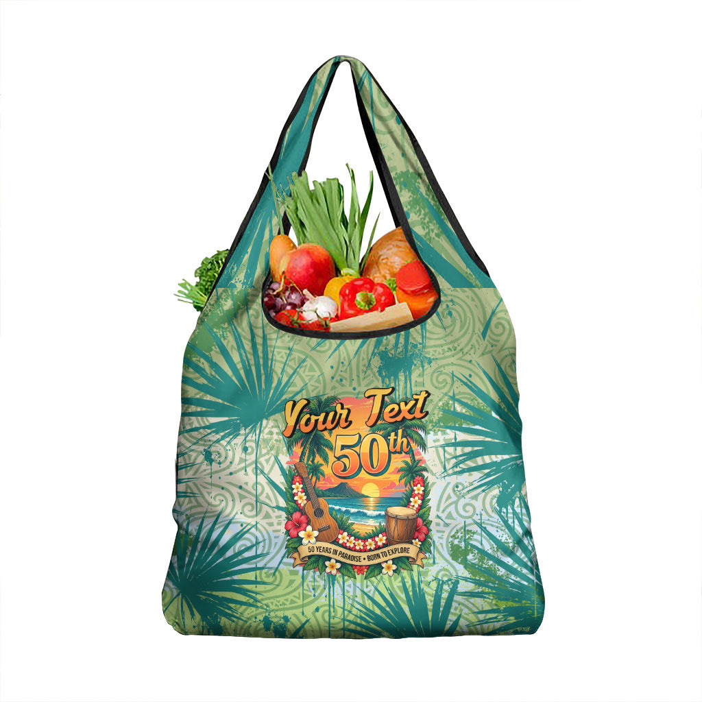 Personalized Polynesia 50th Birthday Grocery Bag Vintage Hawaiian Floral Ukulele Tropical Sunset Art TS04 1-pack One Size Green - Polynesian Pride