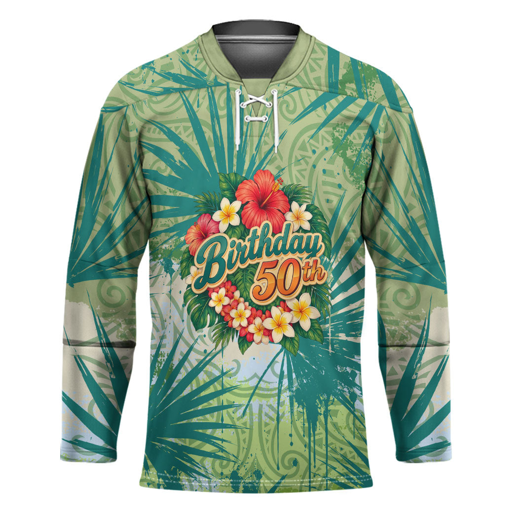 Personalized Polynesia 50th Birthday Hockey Jersey Vintage Hawaiian Floral Ukulele Tropical Sunset Art TS04 Unisex Green - Polynesian Pride