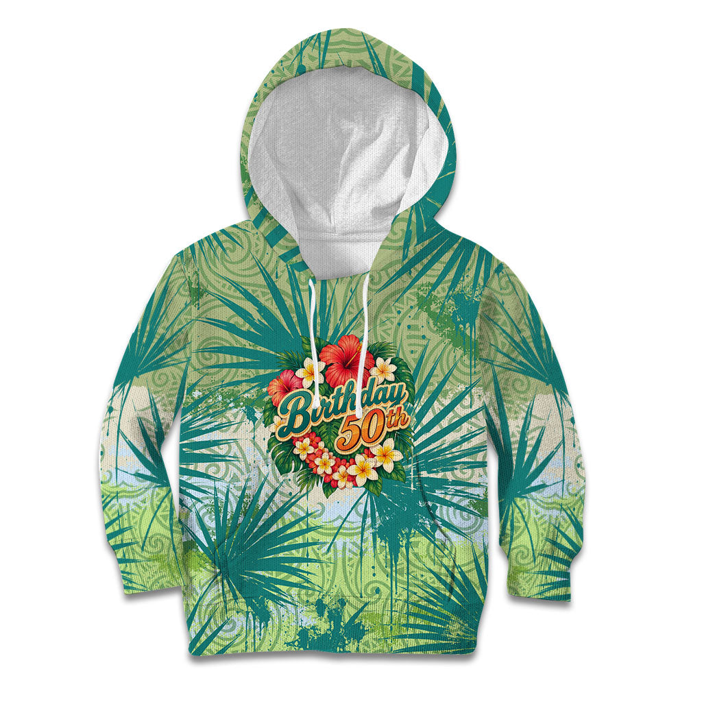 Personalized Polynesia 50th Birthday Kid Hoodie Vintage Hawaiian Floral Ukulele Tropical Sunset Art TS04 Hoodie Green - Polynesian Pride