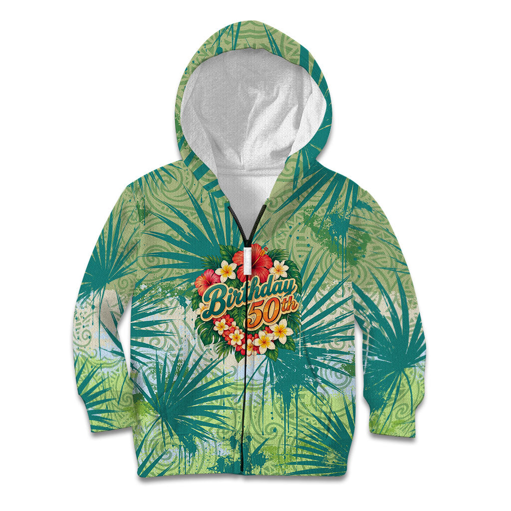 Personalized Polynesia 50th Birthday Kid Hoodie Vintage Hawaiian Floral Ukulele Tropical Sunset Art TS04 Zip Hoodie Green - Polynesian Pride