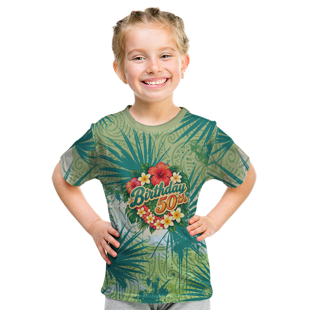 Personalized Polynesia 50th Birthday Kid T Shirt Vintage Hawaiian Floral Ukulele Tropical Sunset Art TS04 Green - Polynesian Pride