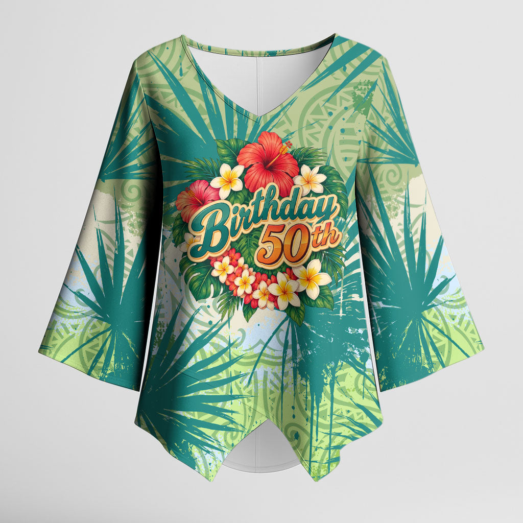 Personalized Polynesia 50th Birthday Kimono Sleeve Blouse Vintage Hawaiian Floral Ukulele Tropical Sunset Art TS04 Female Green - Polynesian Pride