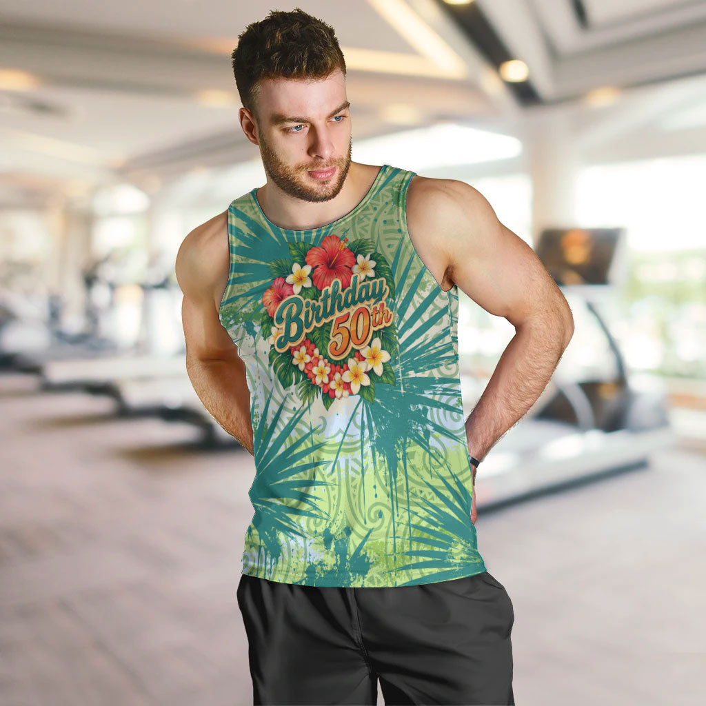 Personalized Polynesia 50th Birthday Men Tank Top Vintage Hawaiian Floral Ukulele Tropical Sunset Art TS04 Green - Polynesian Pride