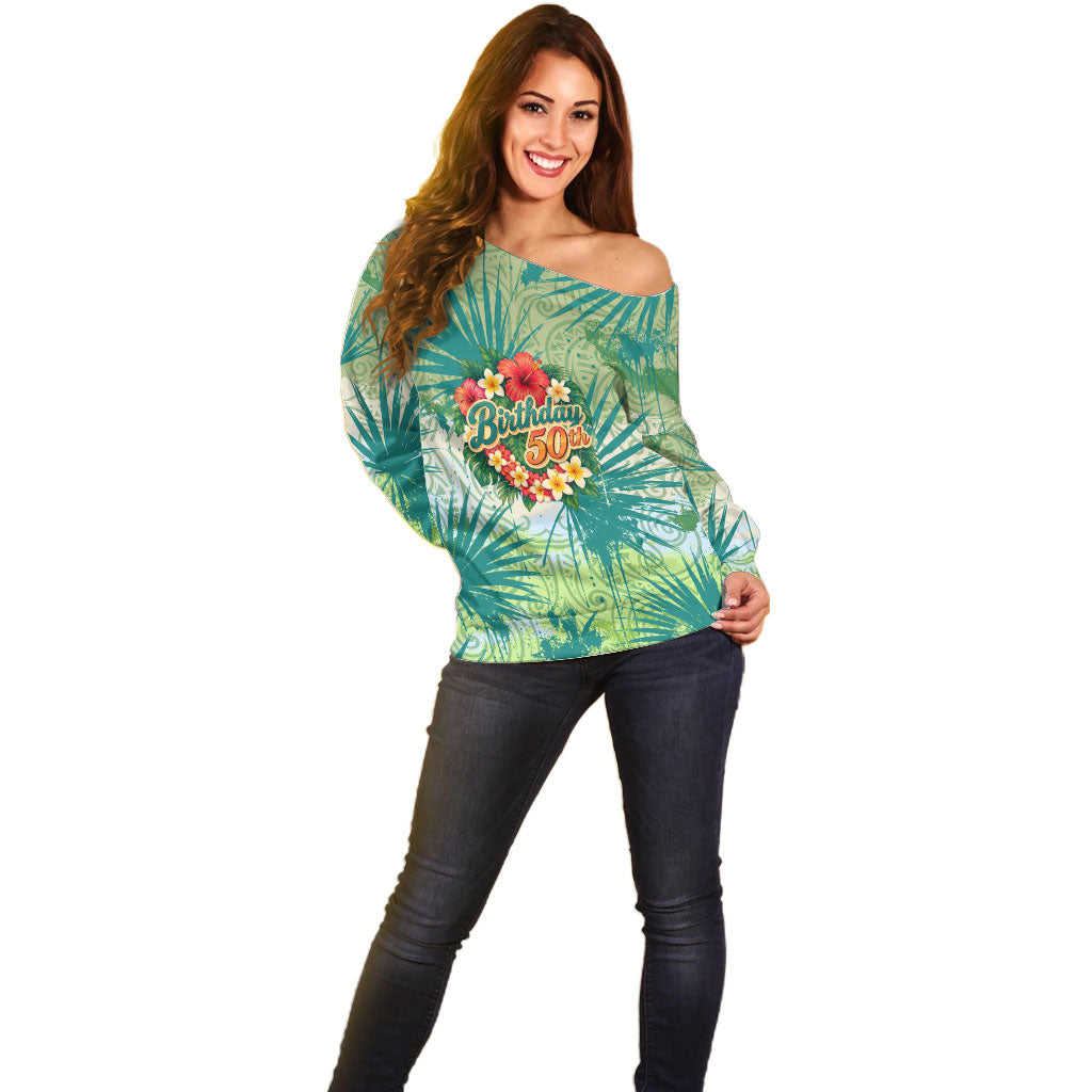 Personalized Polynesia 50th Birthday Off Shoulder Sweater Vintage Hawaiian Floral Ukulele Tropical Sunset Art TS04 - Polynesian Pride