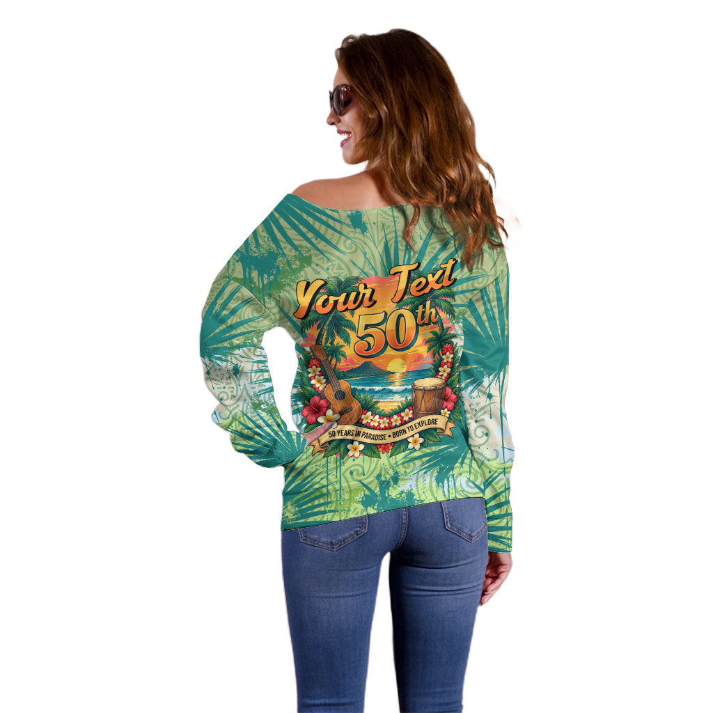 Personalized Polynesia 50th Birthday Off Shoulder Sweater Vintage Hawaiian Floral Ukulele Tropical Sunset Art TS04 - Polynesian Pride