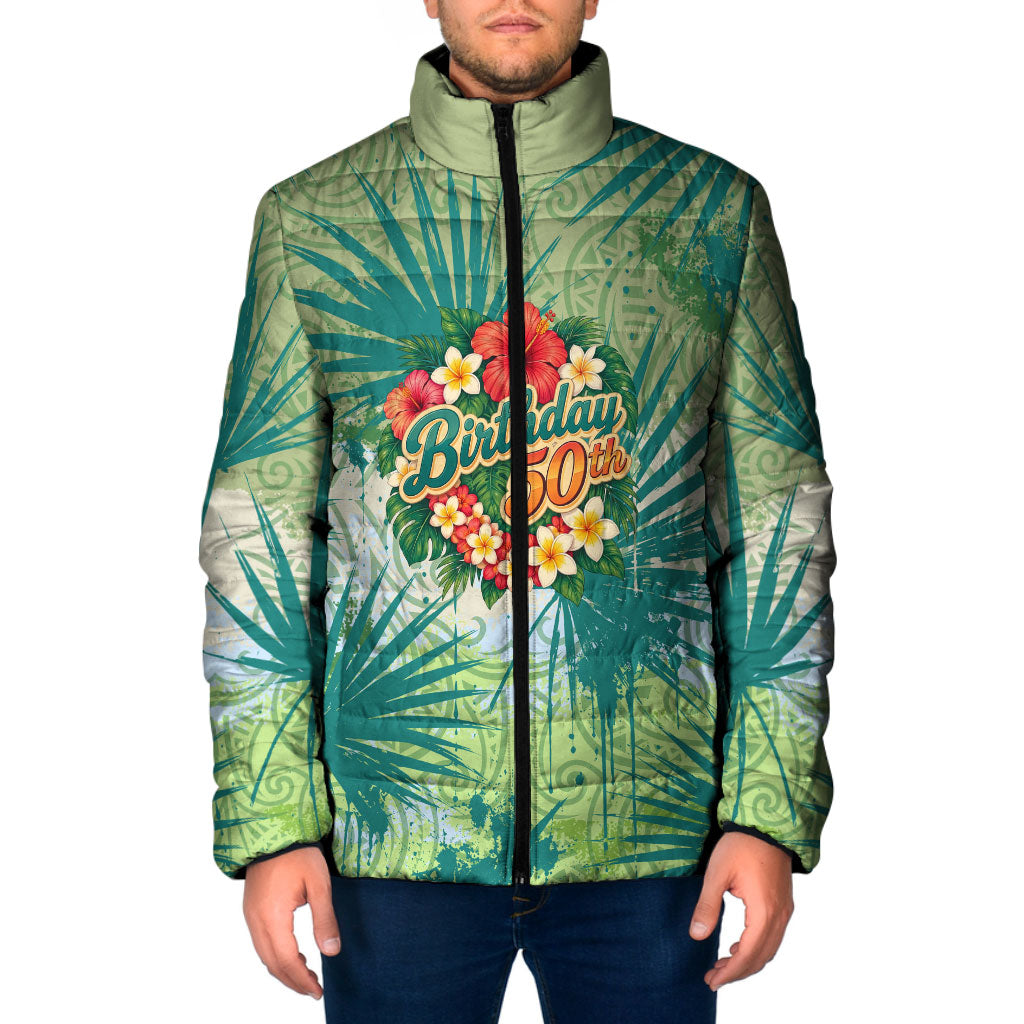 Personalized Polynesia 50th Birthday Padded Jacket Vintage Hawaiian Floral Ukulele Tropical Sunset Art TS04 Men Green - Polynesian Pride