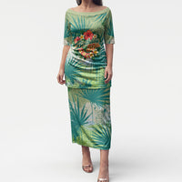 Personalized Polynesia 50th Birthday Puletasi Vintage Hawaiian Floral Ukulele Tropical Sunset Art TS04 Long Dress Green - Polynesian Pride