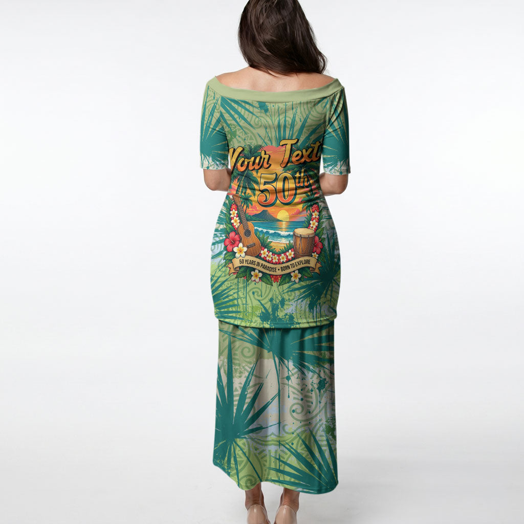 Personalized Polynesia 50th Birthday Puletasi Vintage Hawaiian Floral Ukulele Tropical Sunset Art TS04 - Polynesian Pride