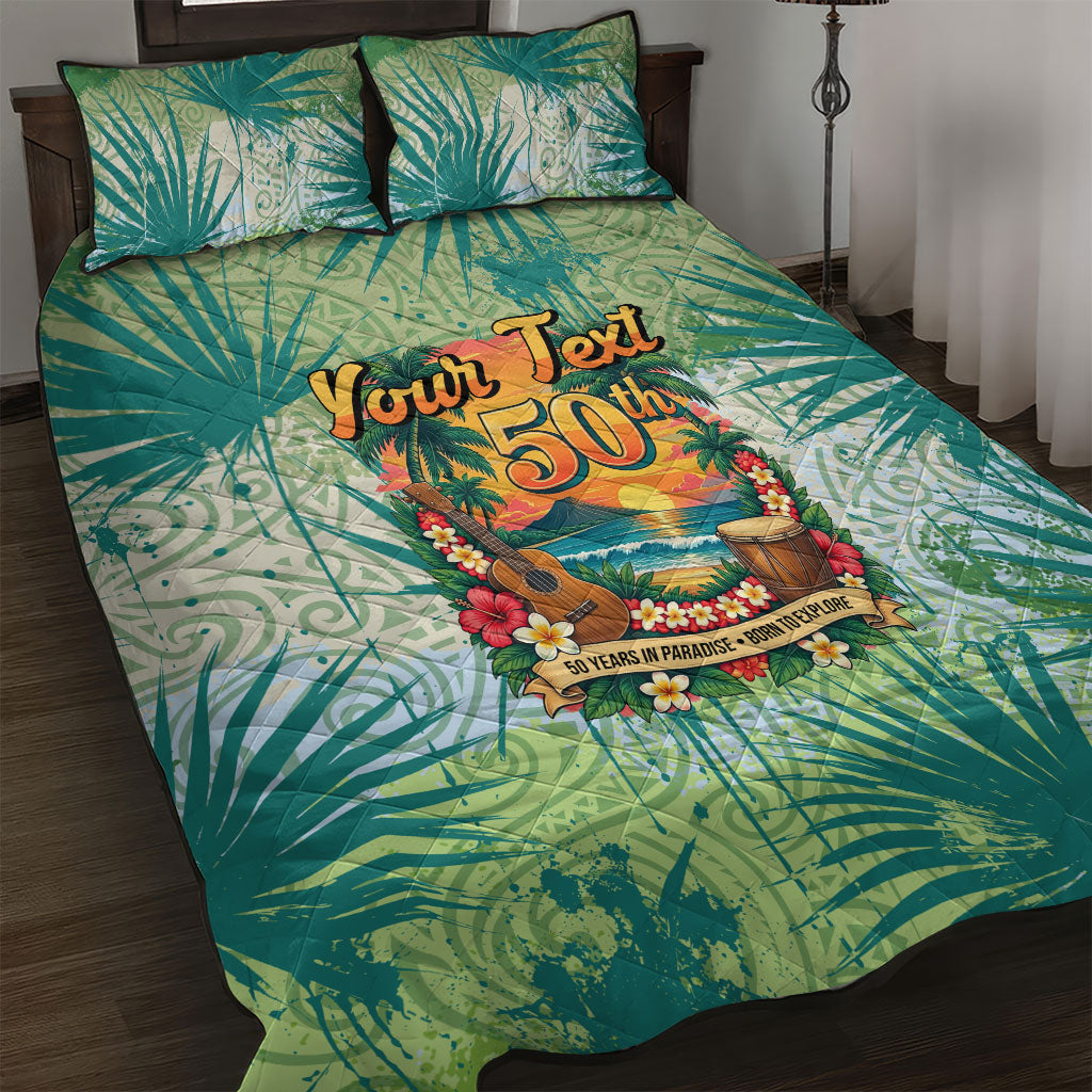 Personalized Polynesia 50th Birthday Quilt Bed Set Vintage Hawaiian Floral Ukulele Tropical Sunset Art TS04 Green - Polynesian Pride