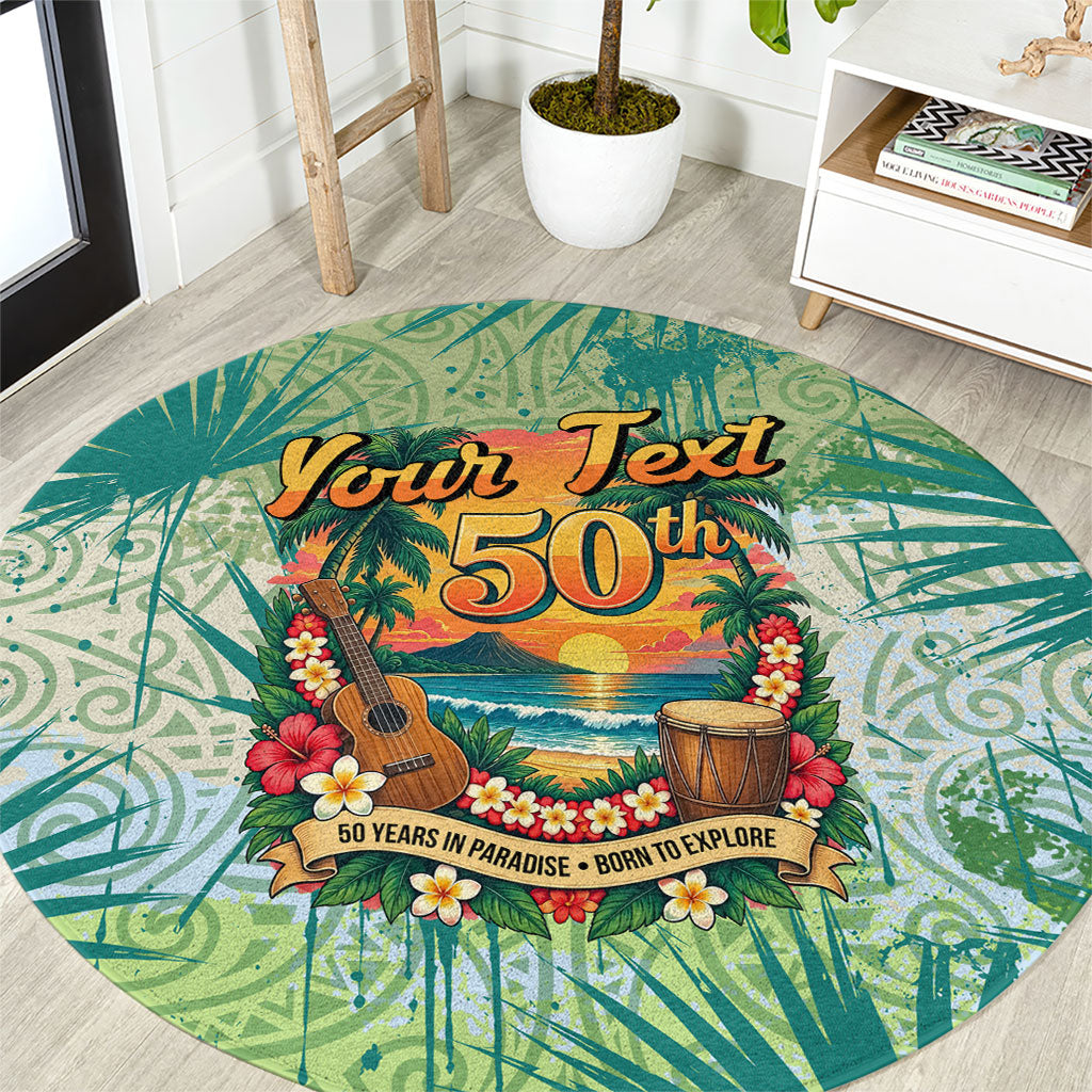 Personalized Polynesia 50th Birthday Round Carpet Vintage Hawaiian Floral Ukulele Tropical Sunset Art TS04 Green - Polynesian Pride