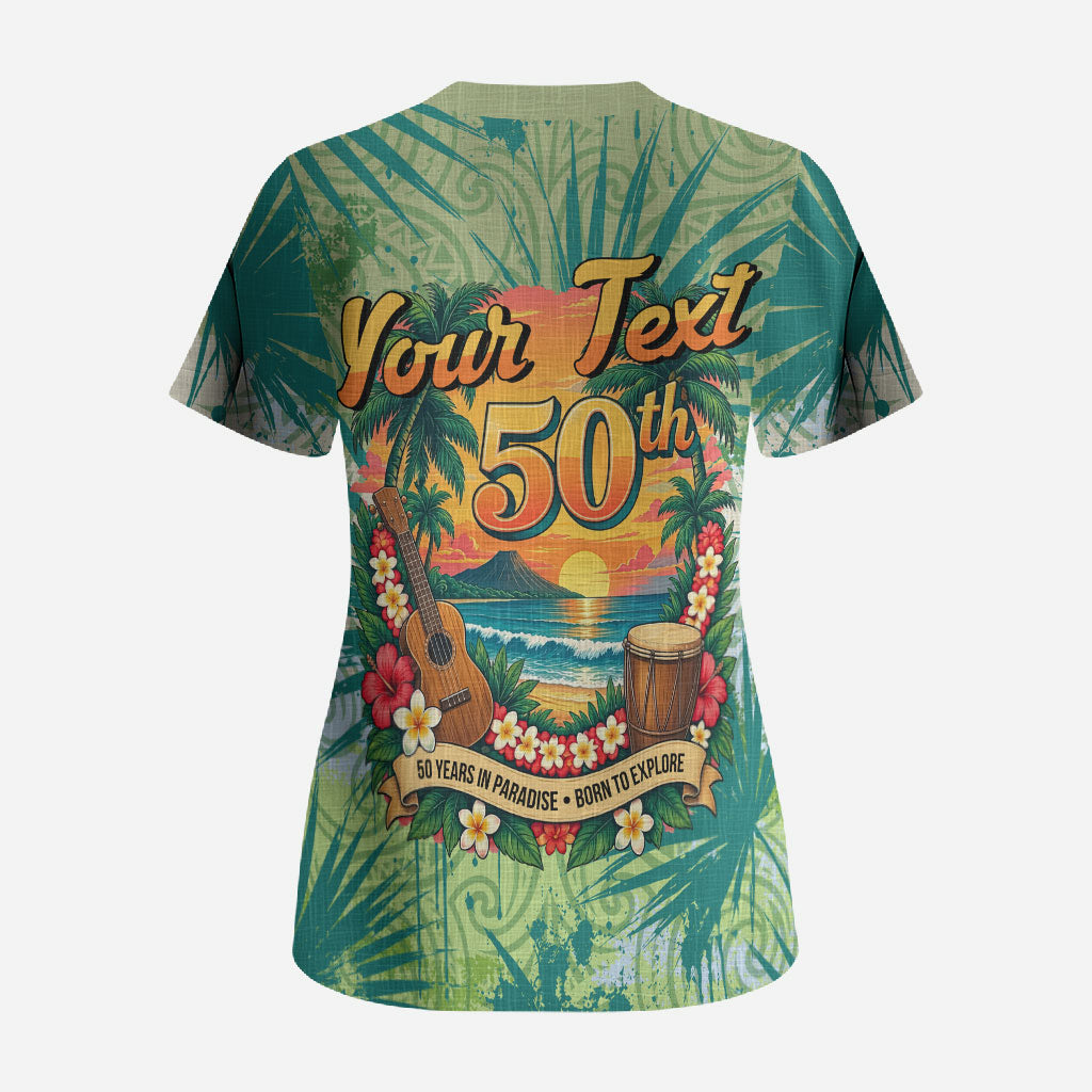 Personalized Polynesia 50th Birthday Scrub Top Vintage Hawaiian Floral Ukulele Tropical Sunset Art TS04 - Polynesian Pride