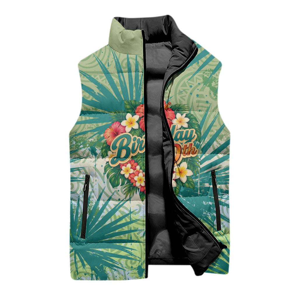 Personalized Polynesia 50th Birthday Sleeveless Puffer Jacket Vintage Hawaiian Floral Ukulele Tropical Sunset Art TS04 - Polynesian Pride