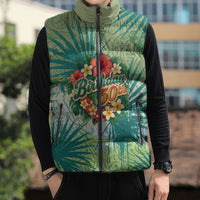 Personalized Polynesia 50th Birthday Sleeveless Puffer Jacket Vintage Hawaiian Floral Ukulele Tropical Sunset Art TS04 - Polynesian Pride