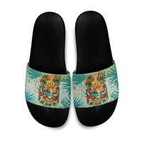 Personalized Polynesia 50th Birthday Slide Sandals Vintage Hawaiian Floral Ukulele Tropical Sunset Art TS04 Green - Polynesian Pride