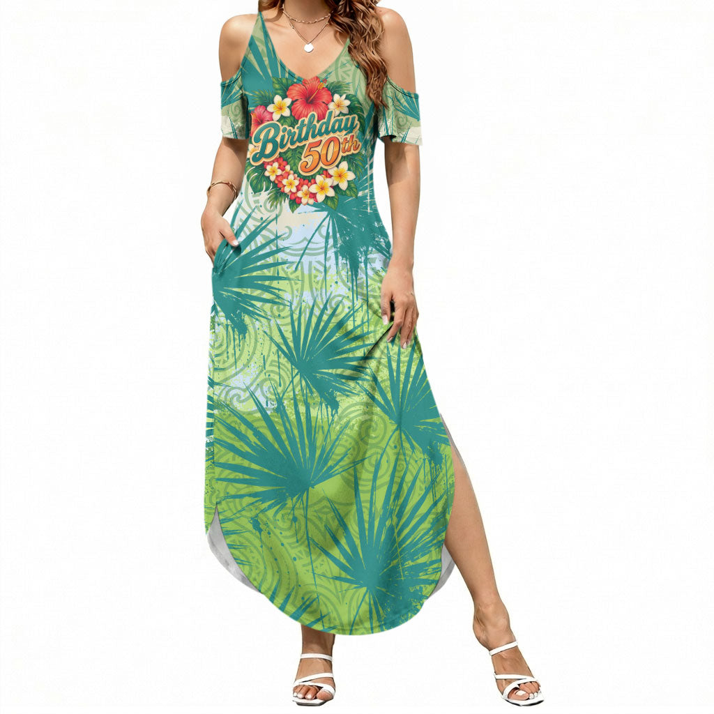 Personalized Polynesia 50th Birthday Summer Maxi Dress Vintage Hawaiian Floral Ukulele Tropical Sunset Art TS04 Women Green - Polynesian Pride
