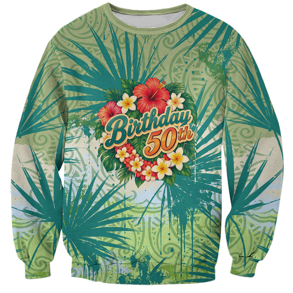Personalized Polynesia 50th Birthday Sweatshirt Vintage Hawaiian Floral Ukulele Tropical Sunset Art TS04 Unisex Green - Polynesian Pride
