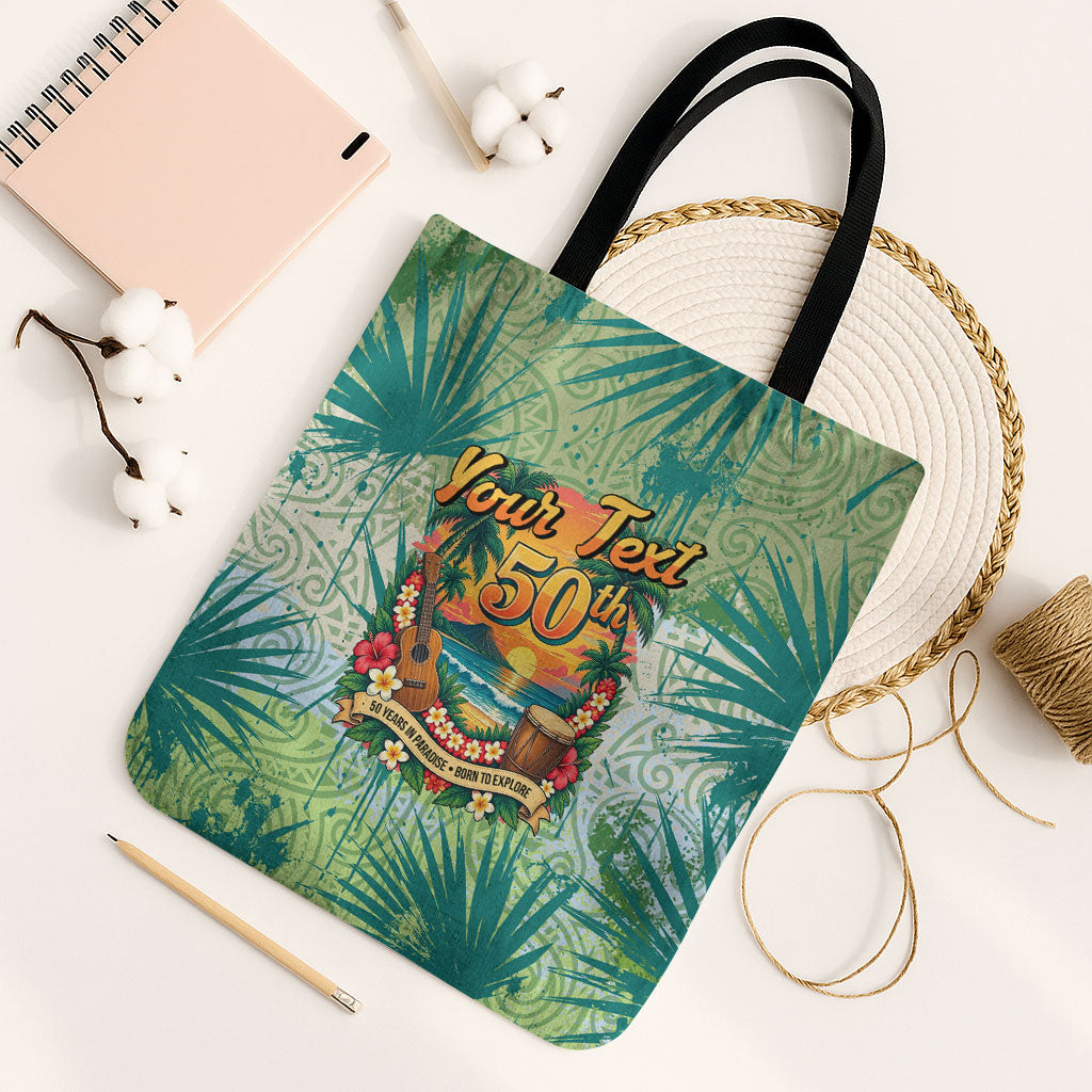 Personalized Polynesia 50th Birthday Tote Bag Vintage Hawaiian Floral Ukulele Tropical Sunset Art TS04 Black Strap One Size Green - Polynesian Pride