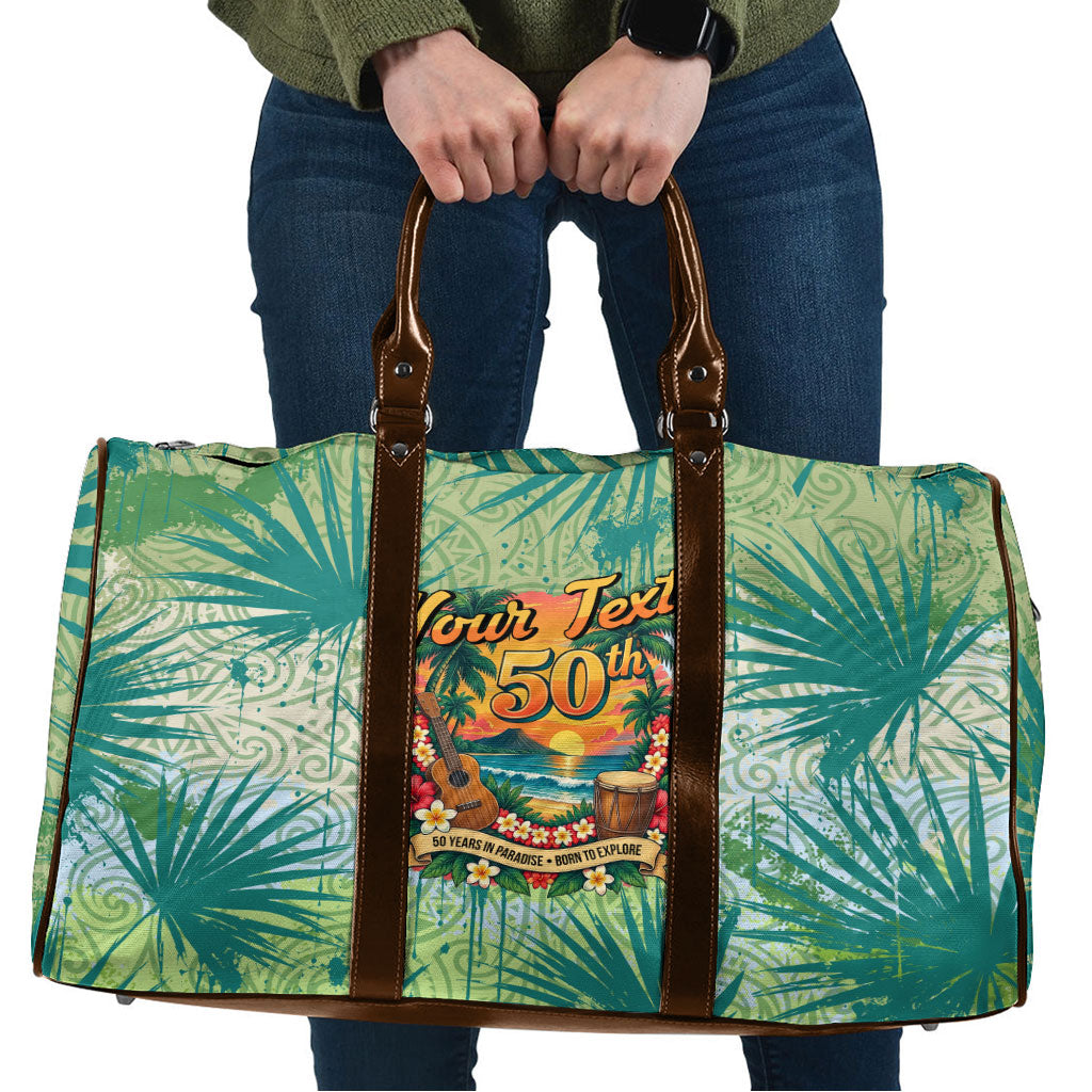 Personalized Polynesia 50th Birthday Travel Bag Vintage Hawaiian Floral Ukulele Tropical Sunset Art TS04 Green - Polynesian Pride