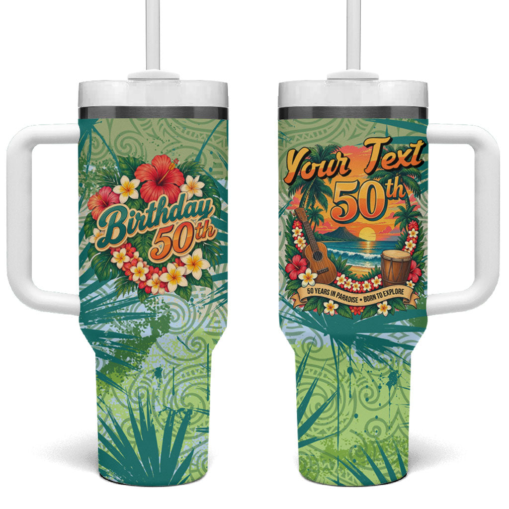 Personalized Polynesia 50th Birthday Tumbler With Handle Vintage Hawaiian Floral Ukulele Tropical Sunset Art TS04 One Size: 40 oz Green - Polynesian Pride