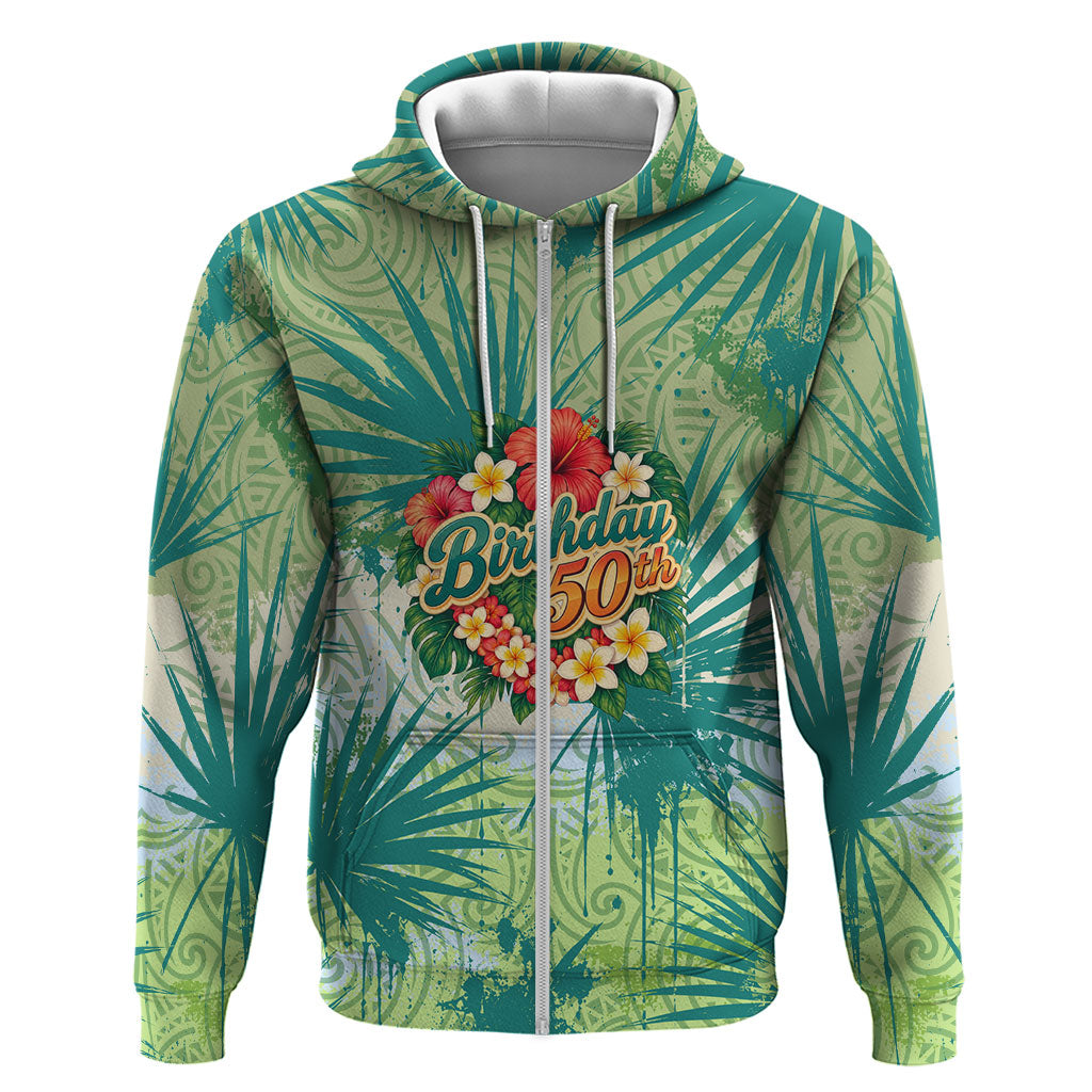 Personalized Polynesia 50th Birthday Zip Hoodie Vintage Hawaiian Floral Ukulele Tropical Sunset Art TS04 Zip Hoodie Green - Polynesian Pride