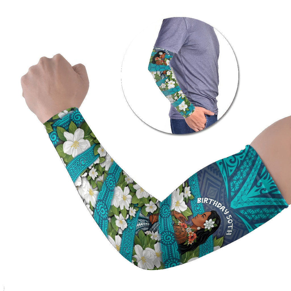 Personalized Polynesian Woman 50th Birthday Arm Sleeves Traditional Pacific Tribal Tattoo Floral Art TS04 Set of 2 Blue - Polynesian Pride