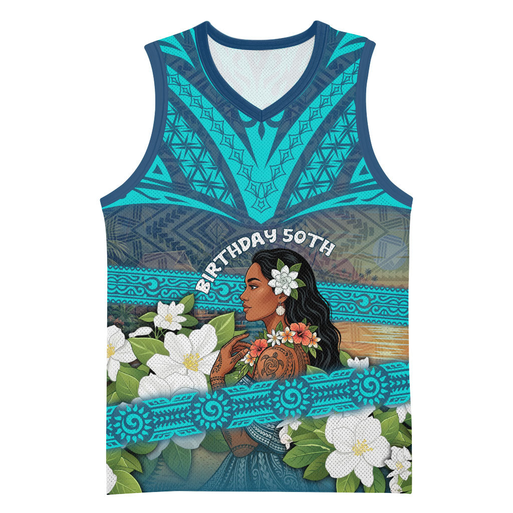 Personalized Polynesian Woman 50th Birthday Basketball Jersey Traditional Pacific Tribal Tattoo Floral Art TS04 Unisex Blue - Polynesian Pride