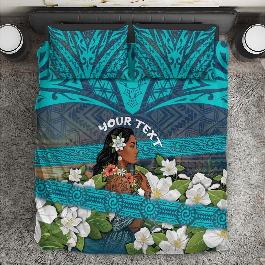 Personalized Polynesian Woman 50th Birthday Bedding Set Traditional Pacific Tribal Tattoo Floral Art TS04 Blue - Polynesian Pride