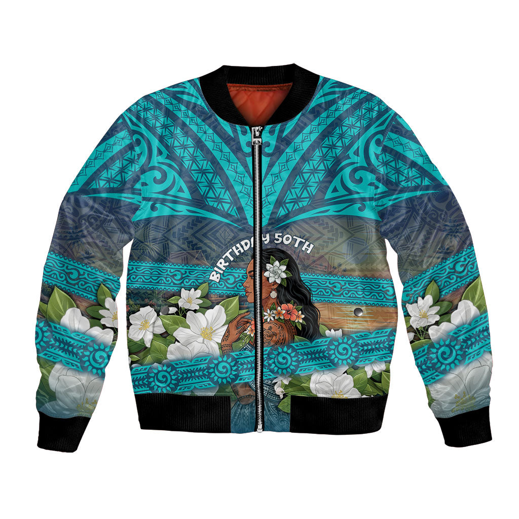 Personalized Polynesian Woman 50th Birthday Bomber Jacket Traditional Pacific Tribal Tattoo Floral Art TS04 Unisex Blue - Polynesian Pride