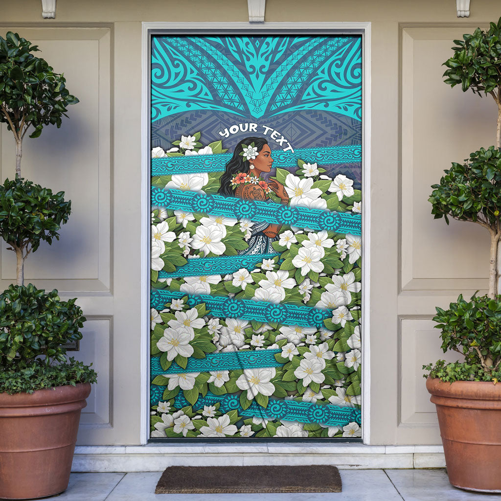 Personalized Polynesian Woman 50th Birthday Door Cover Traditional Pacific Tribal Tattoo Floral Art TS04 Blue - Polynesian Pride